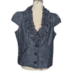 Y2K Bamboo Traders Ruffled Collar Button Up Short Sleeve Chambray Top Blue Large